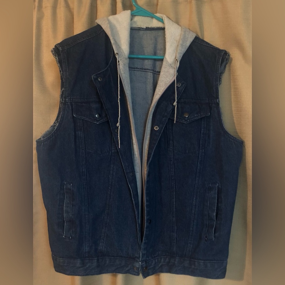 Men's Denim Vest with Gray Hood